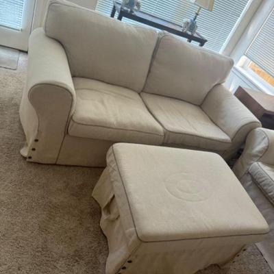 Soft White Rolled Arm Love Seat Sofa & Ottoman Set	
