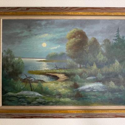 Framed Original Serene Moonlit Landscape - Swedish Oil on Canvas	