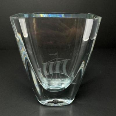 Signed Strombergshyttan Sweden Crystal Vase w/ Viking Ship Etching	