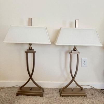 Pair of Bedside Lamp in Sweeping Metal Base & Rectangular Shades	