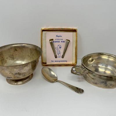 Sterling Napier Diaper Pins, Tiffany & Co. Bowl, Wallace Porringer, & More.