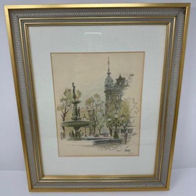 Signed Ebbe Fog, Sundsvall: Watercolor & Ink Streetscape Print	