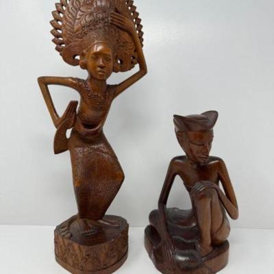 Pair of Traditional Hand-Carved Balinese Dance Statues	