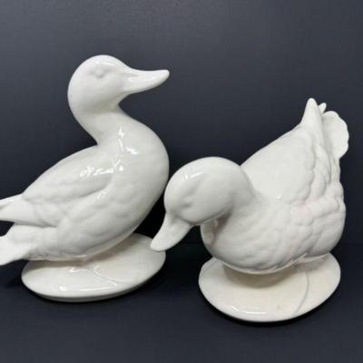 Pair of White Ceramic Canadian Duck Figurines	