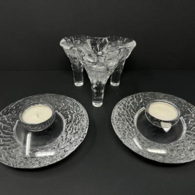 ﻿Orrefors Candle Holders: Discus Votive & Icicle Triple Taper	