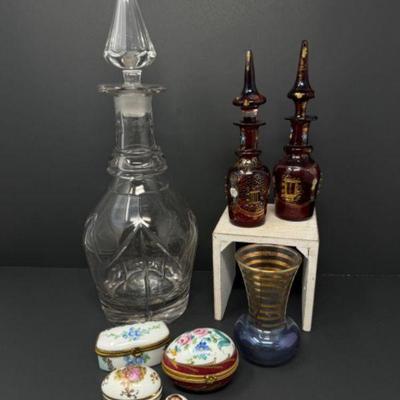 Crystal Decanter, Perfume Bottles, Vase & Limoges Trinket Boxes	