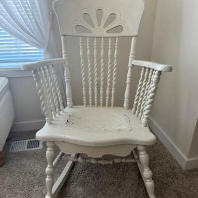 White Distressed Rocker Chair w/ Carved Back & Turned Spindles	