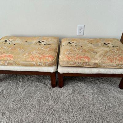 Pair of Japanese Crane Ottomans - Hand-Embroidered Fabric	