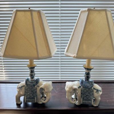 Pair of Blue & White Ceramic Elephant Lamps	