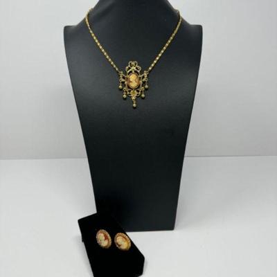 Gold-Tone Filigree Costume Necklace w/ Cameo Portrait + Earrings	