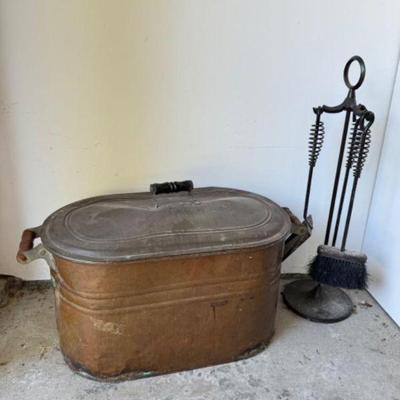 Antique Copper Boiler w/ Wood Handles & Lid + Fireplace Tools	
