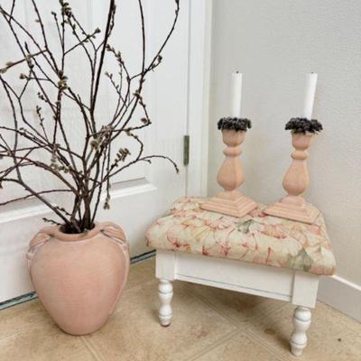 Floral Ottoman, Terracotta Vase, & Rustic Candlestick Set	