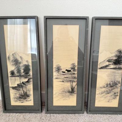Ricardo's Signed Black & White Triptych: Nature Inspired	