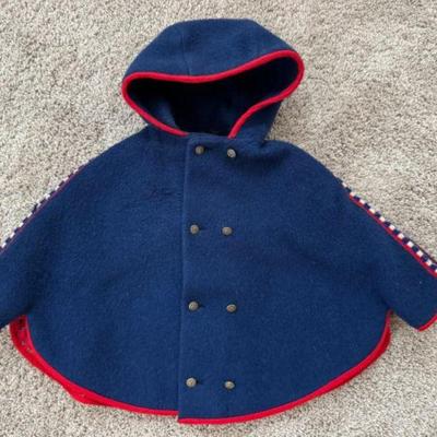 Swedish Wool Kids Poncho w/ Red Trim & Checkered Cuffs	