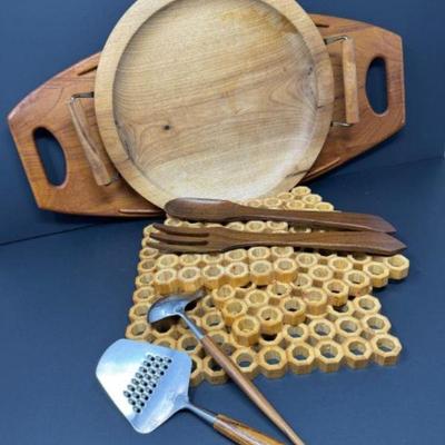 Scandinavian MCM Serving Collection: Myrtle Wood, Teak Surfboard Tray +	