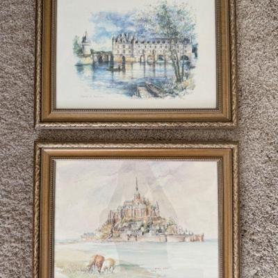 Mont Saint-Michel Watercolor & Chateau De Chenonceau Signed Prints	