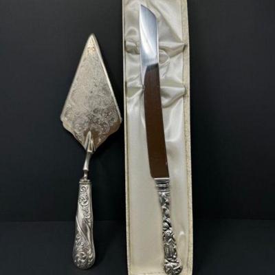 Sterling Silver Etched Blade Pie Server w/ Stainless Cake Knife	