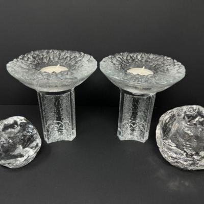 Pair of Orrefors "Olympiad" + 2 "Snowball" Crystal Candlestick Holders	