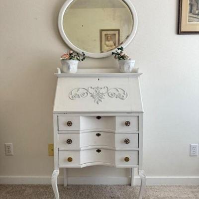 White Inlaid Secretary Desk w/ Antique Beveled Mirror & Planters	