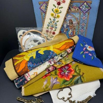 Finished & Unfinished Needlepoint & Tapestry Textiles w/ Brass Hangers	