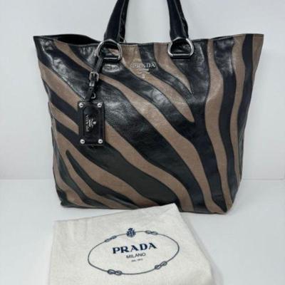 Large Authentic Prada Glace Calf Zebra Tote Bag - Model BN1717	