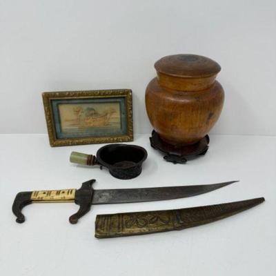 Hand-Painted Artwork, Tea Caddy, Moroccan Dagger, & Brass Kettle	