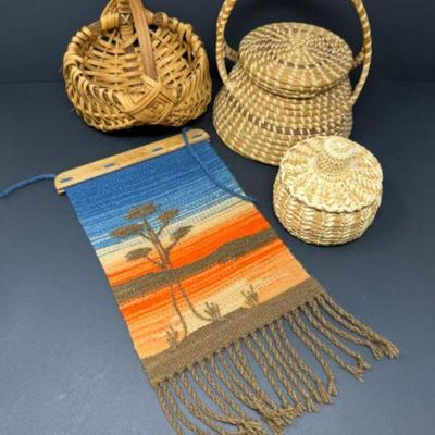 Miniature Woven Baskets & Scandinavian Wool Wall Hanging	