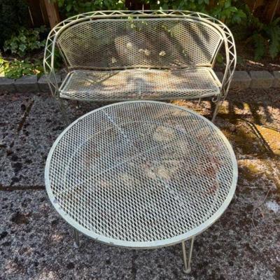 ﻿Vintage Metal Patio Bench & Mesh-Top Table Set	