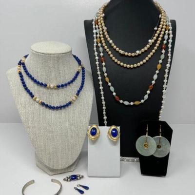 Colorful Semi-Precious Beaded Jewelries w/ 14k Gold Clasp & Sterling Pin	