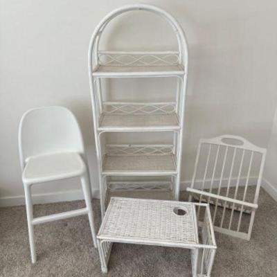 Bamboo Bookshelf, IKEA Dining Chair, Wicker Bed Tray, & Magazine Rack	