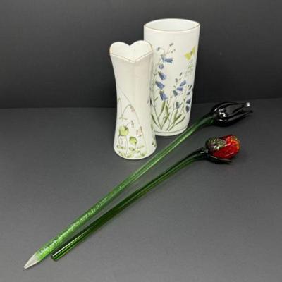 Hackefors Sweden Bellflower Vases & Hand-Blown Glass Roses	
