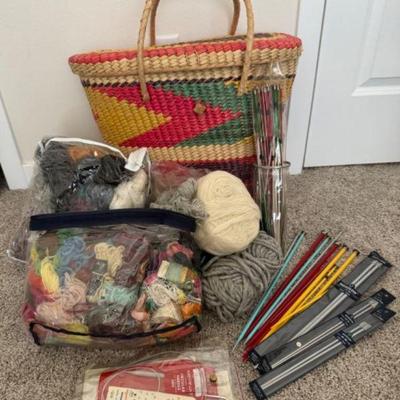 Colorful Woven Straw Tote Bag w/ Massive Knitting Supplies Collection	