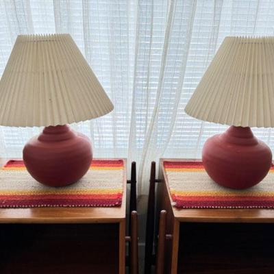 Pair of Vintage Red Ceramic Lamps + Woven Wool Table Runners	
