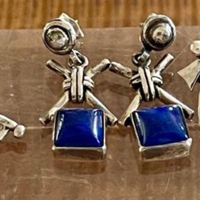 (3) Pairs Of Sterling Silver & Blue Lapis Handmade Earrings - Total Weight 17.5 Grams 