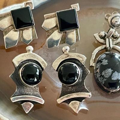 (3) Pairs Of Sterling Silver - Black Onyx & Snowflake Obsidian Handmade Earrings - Total Weight 23 Grams 