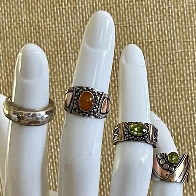 (4) Sterling Silver Pinky Rings (2) Peridot - (1) Baltic Amber - (1) Band -Size 2.75-3  Weight 17.5 Grams 