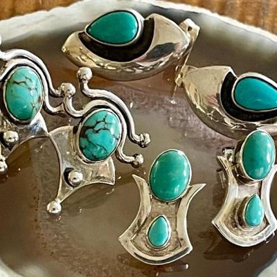 (3) Pairs Of Sterling Silver & Turquoise Handmade Post Earrings - Total Weight 20.9 Grams 
