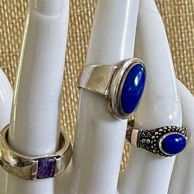 (3) Sterling Silver Rings - (2) Blue Lapis & (1) Charoite Cabochon - Sizes 25.1 Grams 