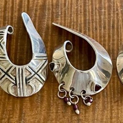 (2) Pairs Of Sterling Silver & Garnet Handmade Cuff Earrings - Total Weight -42.6 Grams 