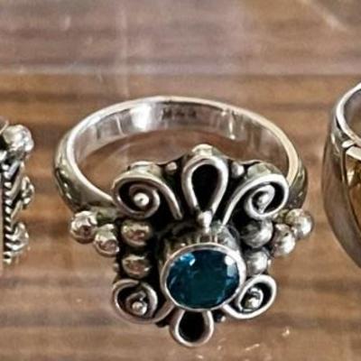 (3) Sterling Silver Pinky Rings - Sizes 3 - 3.5 - Jade - Blue Lapis & Pearl - Amethyst & Pearl - 12.9 Grams 