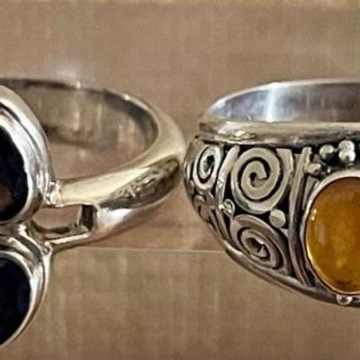 (2) Sterling Silver Rings - Faceted Smoky Quartz & Citrine Cabochon - Total Weight 10.4 Grams 