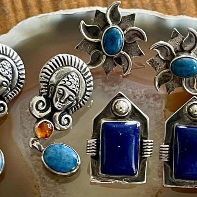 (3) Pairs Of Sterling Silver - Blue Lapis & Amber Handmade Earrings - Total Weight 24.5 Grams 