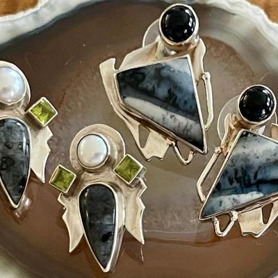 (2) Pairs Of Sterling Silver - Norwegian Moonstone - Jasper - Onyx Peridot & Pearl  - Total Weight 28.3