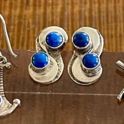 (3) Pairs Of Sterling Silver & Blue Lapis Handmade Earrings - Total Weight 18.3 Grams 