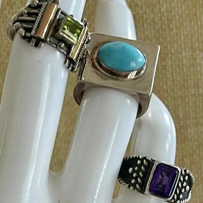 (3) Sterling Silver Rings - Larimar - Faceted Amethyst & Peridot - All Size 6 - Weight 20.2 Grams 