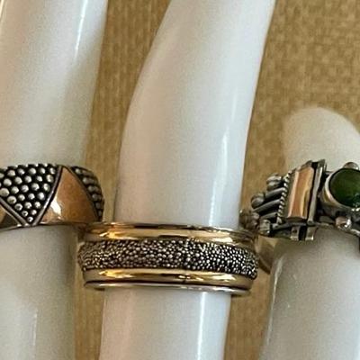 (3) Sterling Silver Rings - (2) Band W 18K Gold Accents (1) Green Cat's Eye 18K Gold Accent Weight 16.4 Grams