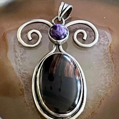 Vintage Handmade Sterling Silver & Mahogany Obsidian Pendant - Total Weight 12.8 Grams G