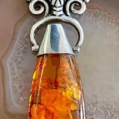 Vintage Handmade Sterling Silver & Amber Tear Drop Pendant - 12 Grams Total 
