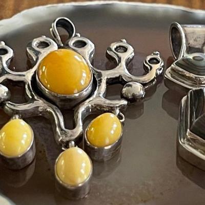 (2) Handmade Vintage Sterling Silver Pendants - Baltic Amber Tree & Abalone Pendant - Total Weight 26.3 Grams