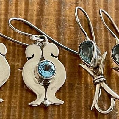 (2) Pairs Of Sterling Silver & Faceted Blue Topaz Earrings - Total Weight 12.3 Grams 